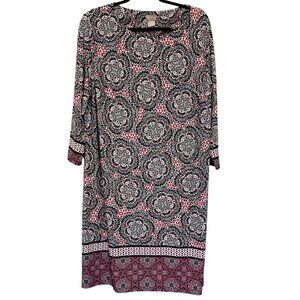 Chico's 3 Shift Dress Womens 16/18 Pink Black Floral Geometric Long Sleeve Art